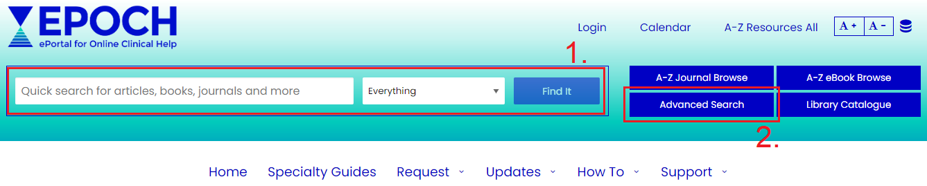 Screenshot of EPOCH's homepage highlighting the location of the quick search and Advanced search options