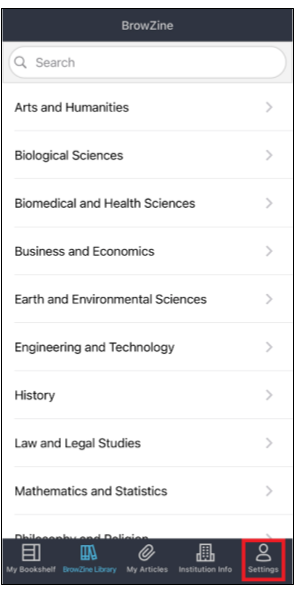 A screenshot of BrowZine app landing page that highlights location of Settings icon