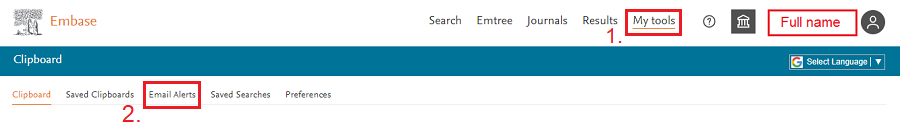 Image of a screenshot of Embase task bar and the location of the My Tools tab