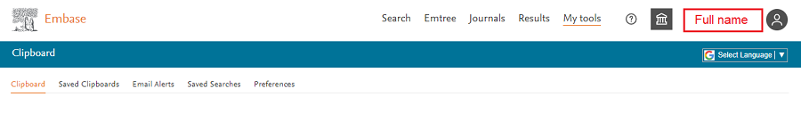 Image of a screenshot of Embase task bar highlighting location of the users account name when signed in
