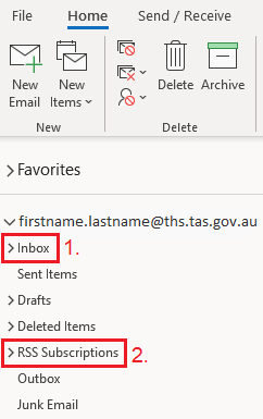 Image of a screenshot highlighting Inbox and RSS Subscriptions folders in Outlook email.