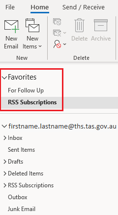 Image of a screenshot showing the RSS Subscriptions folder moved to Favourites area on Outlook email panel.