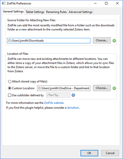 A screenshot example of settings required on the ZotFile Preferences panel