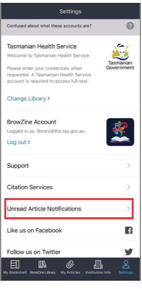 A screenshot of BrowZine Account page that highlights location of Unread Article Notifications