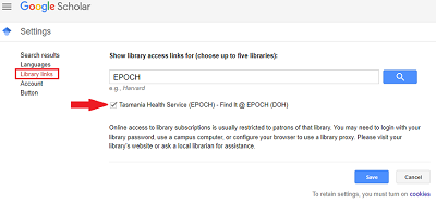 Image of screenshot of setting Library links preferences for EPOCH in Google Scholar