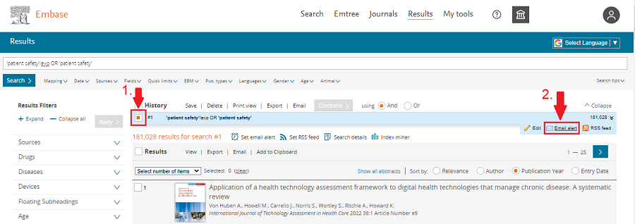 Image of a screenshot of Embase results page and the location of the Set Email Alert feature