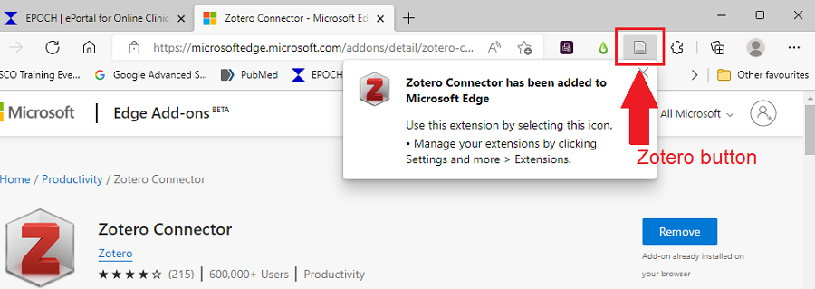A screenshot of the location of the Zotero button plugin on the Microsoft Edge browser bar