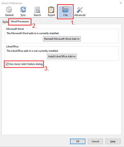 A screenshot example of steps required to change the view when working with Zotero in Word
