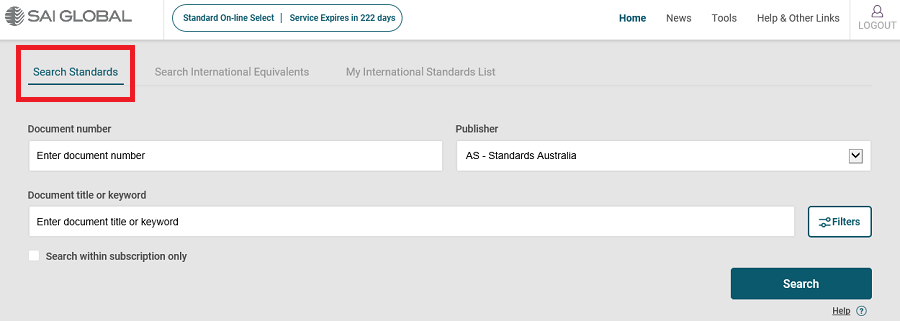 Image of screenshot of SAI Global's Search Standards mode