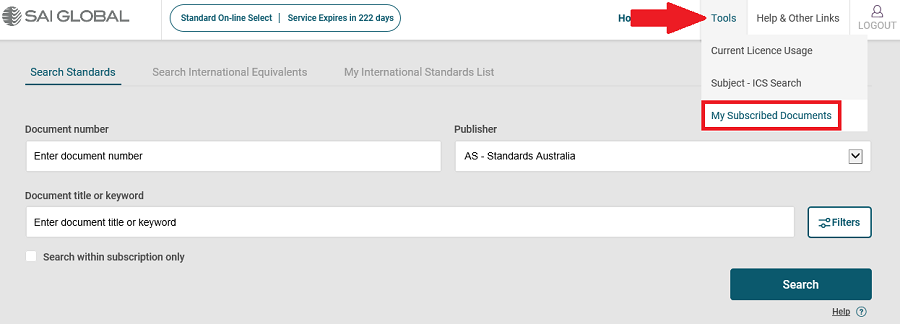 Image of screenshot displaying location of the My Subscribed Documents option