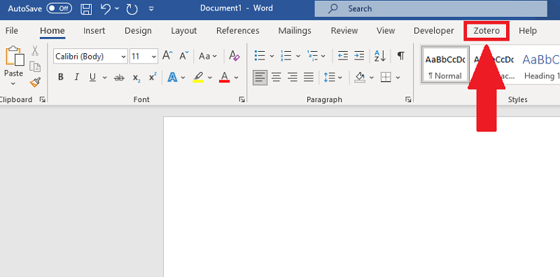 Image of a screenshot highlighting the location of the Zotero tab on the Microsoft Word ribbon