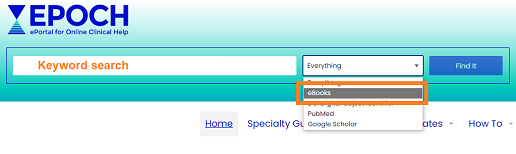 Screenshot of the dropdown option for keyword searching ebooks in EPOCH&#039;s main search box