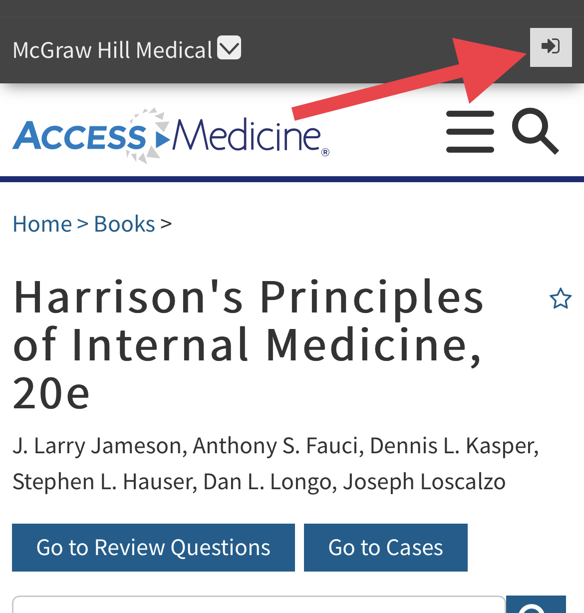 A screenshot showing where to find the sign-in icon on the mobile view of Harrison's Principles of Internal Medicine homepage. 