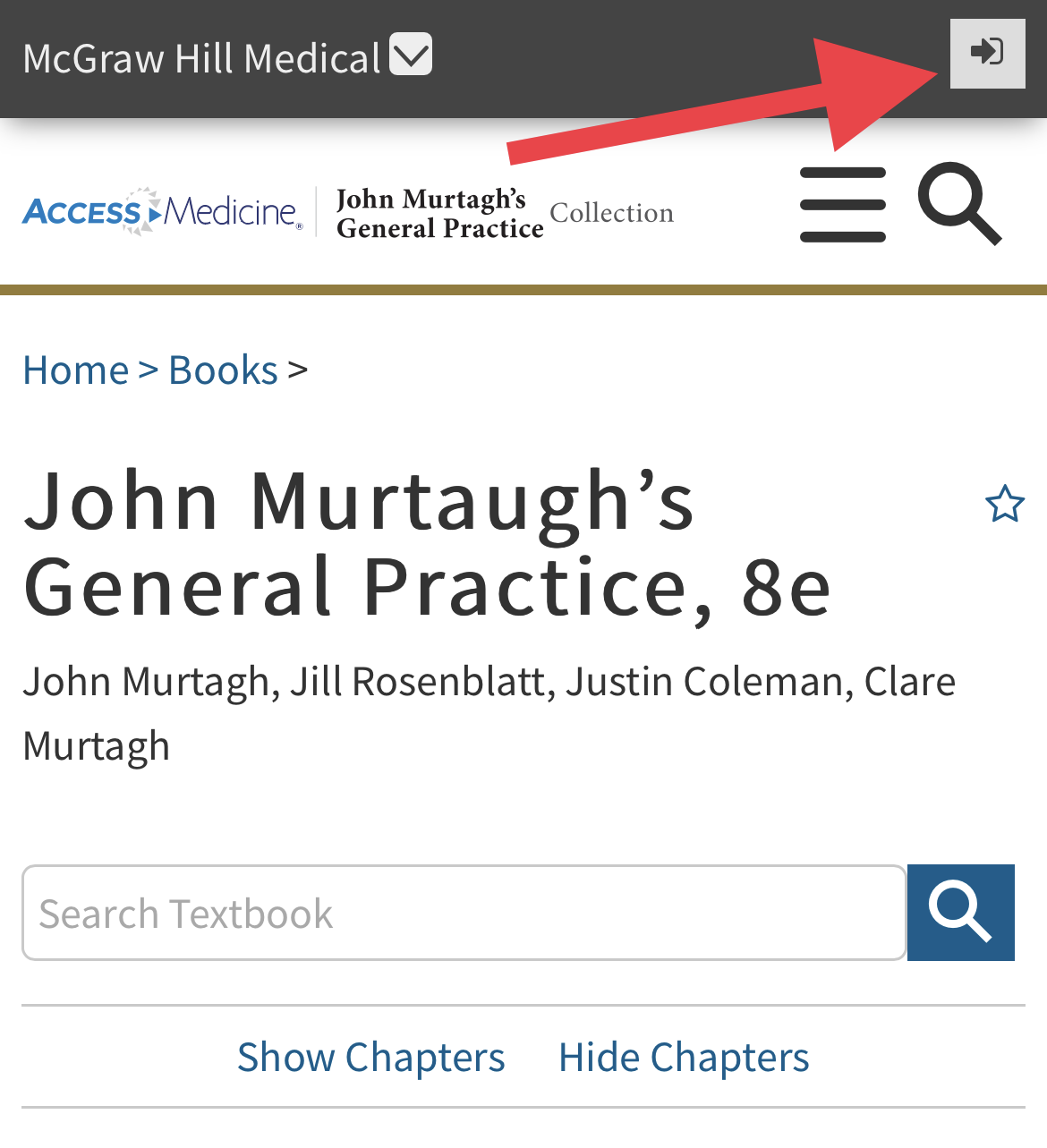 Screenshot showing where to find the sign-in icon on the mobile view of John Murtagh's General Practice homepage. 