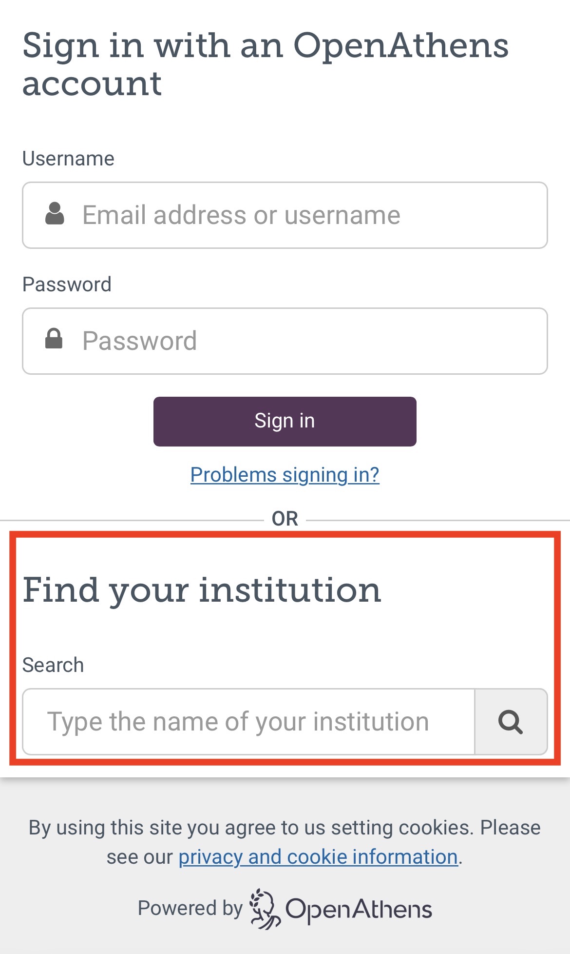 Screenshot of an example of a "Sign in with an OpenAthens account" window and where to enter name of our institution Department of Health Tasmania.